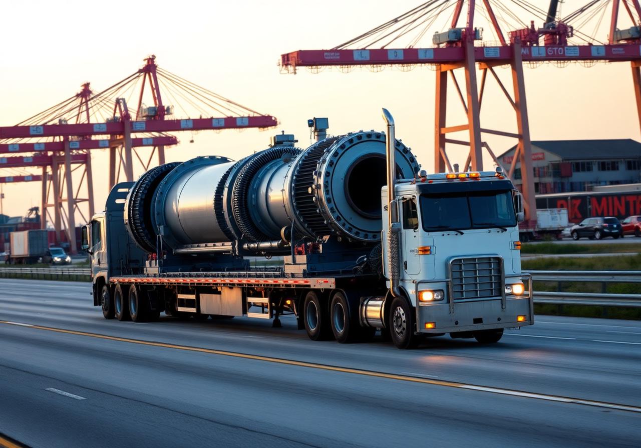 Heavy haul flatbed truck moving oversized industrial cargo from a Texas Gulf Coast port terminal