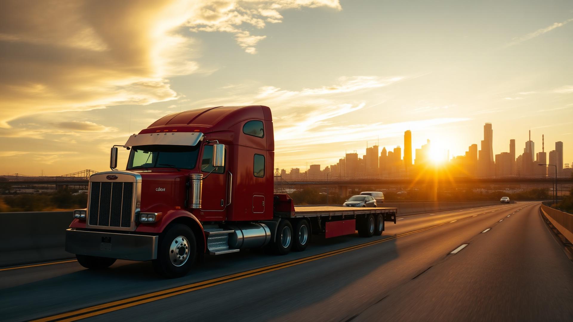 Red flatbed truck on a Houston highway with the downtown skyline in the background