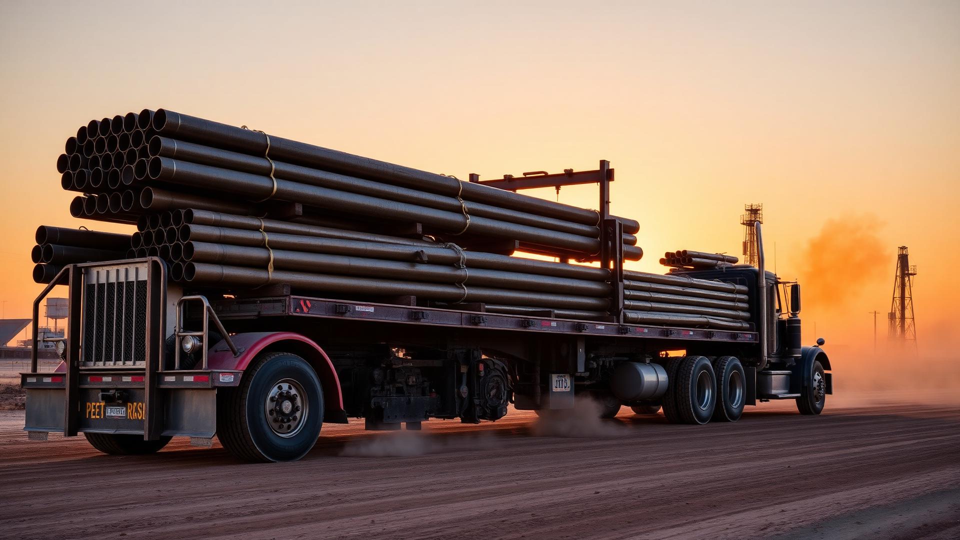 Flatbed truck loaded with steel drill pipe in a Texas oilfield