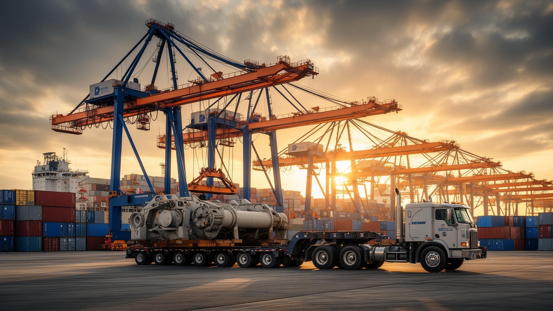 Texas Gulf Coast port terminal with ship-to-shore cranes and heavy haul flatbed truck loaded with oversized industrial cargo at sunset